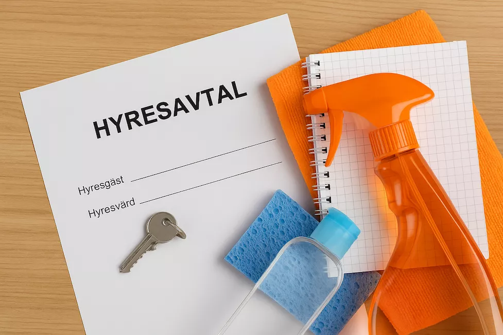 “Hyreskontrakt, nyckel och städmaterial ligger på ett bord – symboliserar hyreslagen om flyttstädning och ansvar vid utflyttning från hyresrätt” (om skrift finns, skriv på svenska)